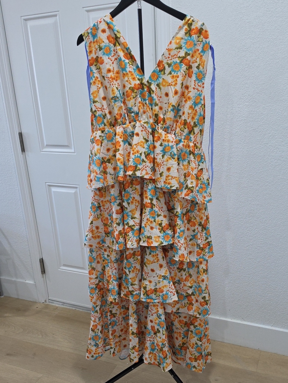 Tiered Floral High-Low Maxi Dress in Cream, Orange & Blue